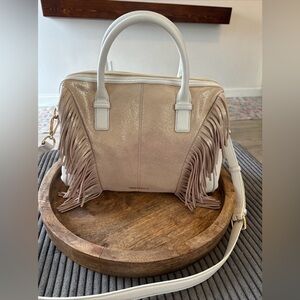 Vera Bradley Marlo Satchel White Leather W/ Metallic Gold Front Fringe